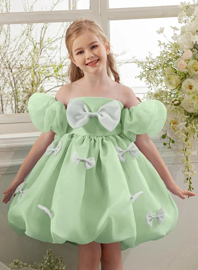 Take Two  Girls Green Puff Sleeve Bow Detail Dress for Women | Best Price UAE